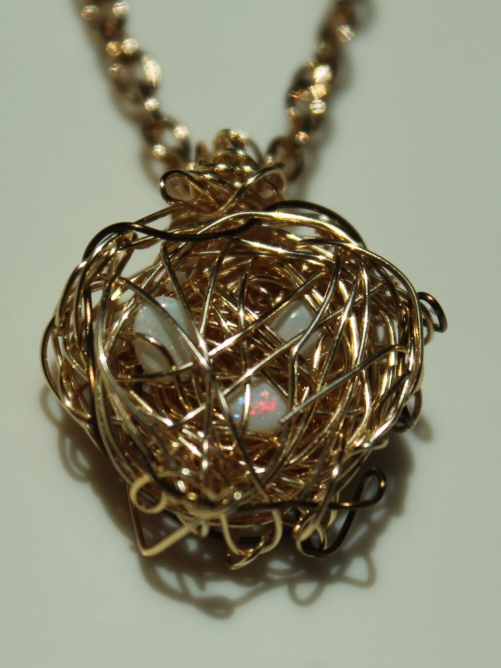 Genuine Opal Egg Whimsical Wire-Wrapped Bird's Nest Pendant